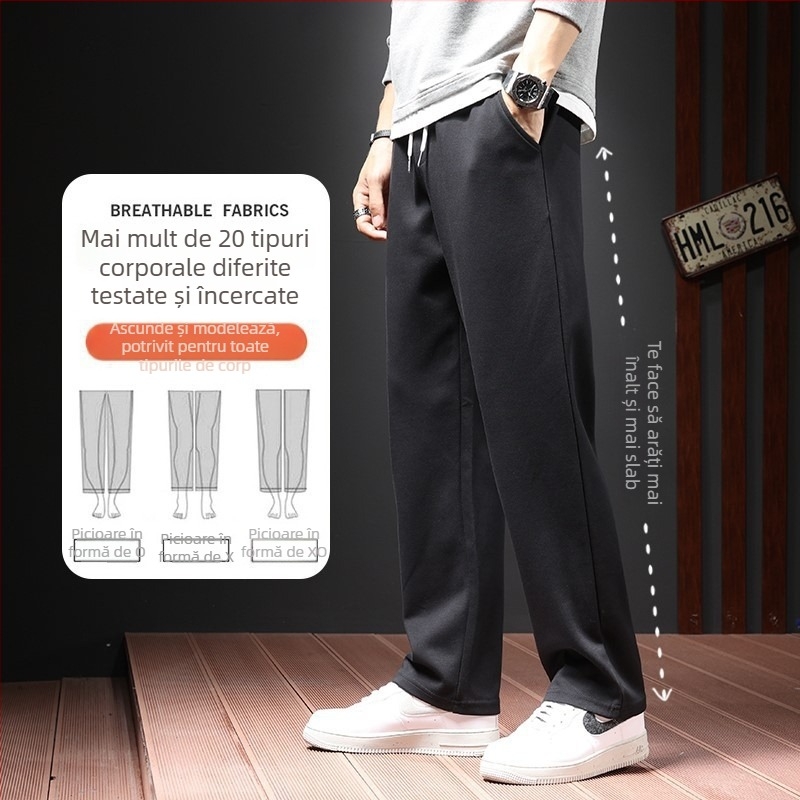 Pantaloni casual bărbați cu croi drept, căptuți cu fleece, talie medie, țesătură poliesterică, pentru toamnă.