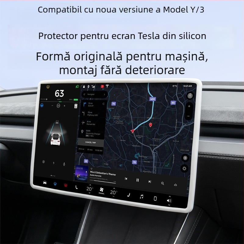 Tesla Model Y protecție a ecranului central cu ramă din silicon – cadru de navigație, montaj cu ventuză, potrivit pentru bord și consola centrală