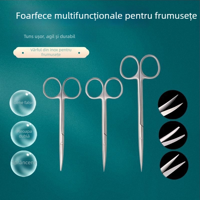 Foarfecă de frumusețe din oțel inoxidabil pentru sprâncene și gene, lame curbate