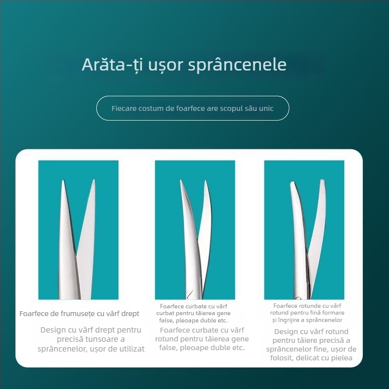 Foarfecă de frumusețe din oțel inoxidabil pentru sprâncene și gene, lame curbate