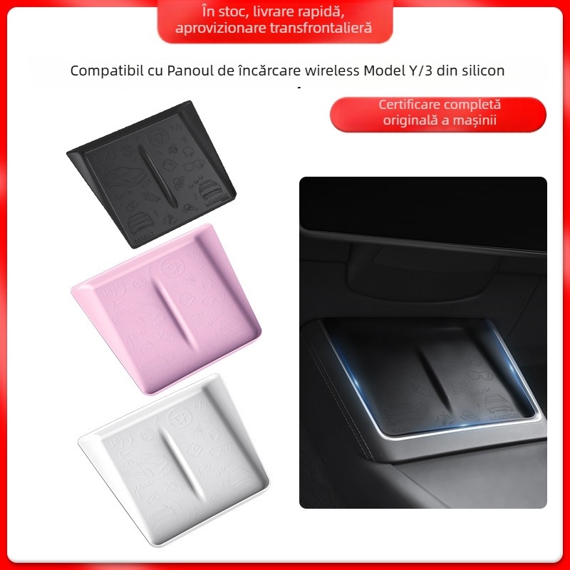 Panou Tesla Model 3/Y pentru încărcare wireless la consola centrală, suport din silicon antiderapant, personalizabil, imprimare logo posibil