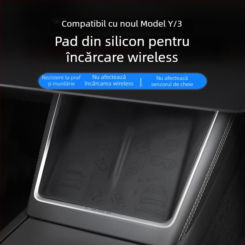 Panou Tesla Model 3/Y pentru încărcare wireless la consola centrală, suport din silicon antiderapant, personalizabil, imprimare logo posibil