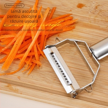 Curățător de legume din oțel inoxidabil gros, 3-in-1 instrument bucătărie pentru curățat, ras și feliat cartofi și pepene