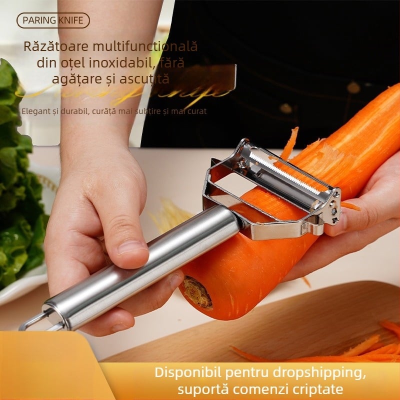 Curățător de legume din oțel inoxidabil gros, 3-in-1 instrument bucătărie pentru curățat, ras și feliat cartofi și pepene