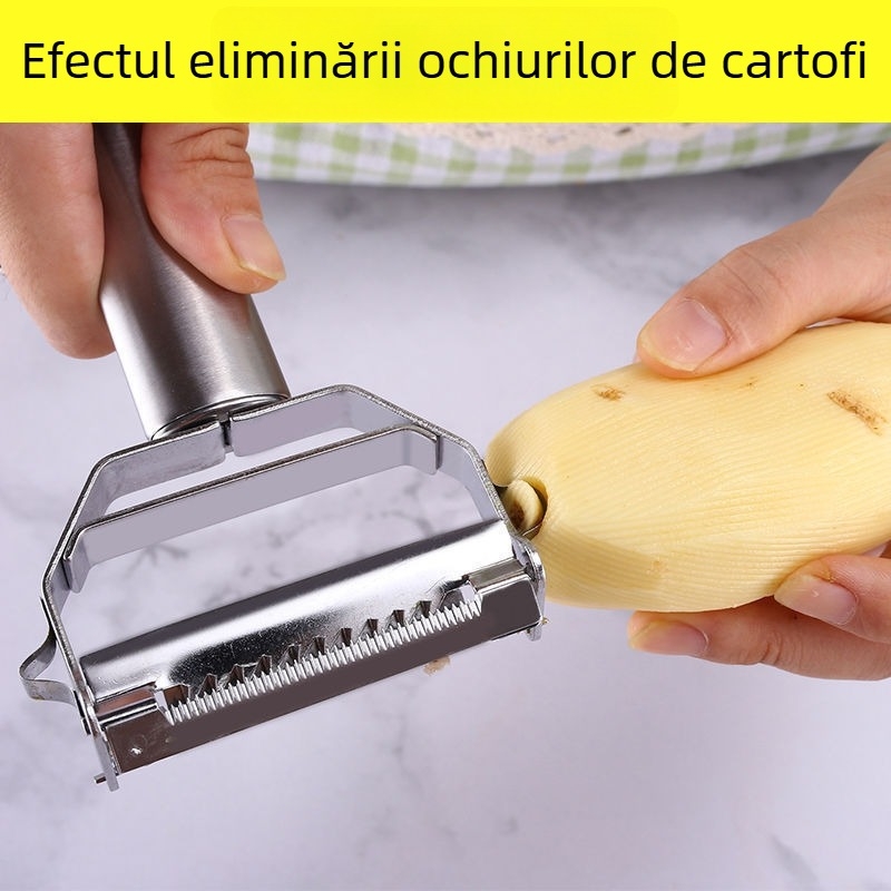 Curățător de legume din oțel inoxidabil gros, 3-in-1 instrument bucătărie pentru curățat, ras și feliat cartofi și pepene