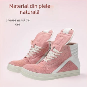 Adidași înalți unisex, partea superioară din păr de cal și piele de vită, talpă din cauciuc cu grosimea 3,5 cm, branț din piele naturală, vârf rotund