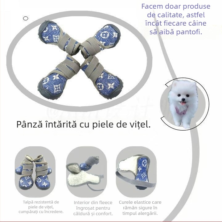 Pantofi pentru animale de companie - imprimeu leopard, căptușiți cu fleece, încălziți, impermeabili, anti-derapare