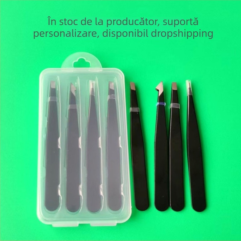 Pensete pentru sprâncene din oțel inoxidabil – set de patru cu vârfuri înclinate și vârfuri cu cârlig