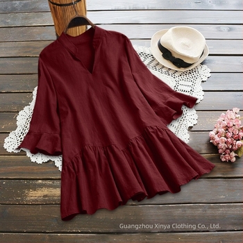 Cămașă cu mâneci în formă de corn, decolteu în V, bumbac-lin, culoare solidă, croială lejeră, mâneci scurte, lungime medie