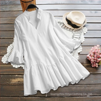 Cămașă cu mâneci în formă de corn, decolteu în V, bumbac-lin, culoare solidă, croială lejeră, mâneci scurte, lungime medie