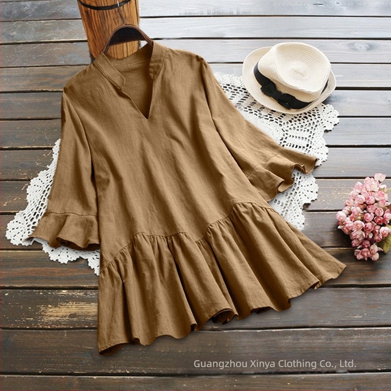 Cămașă cu mâneci în formă de corn, decolteu în V, bumbac-lin, culoare solidă, croială lejeră, mâneci scurte, lungime medie