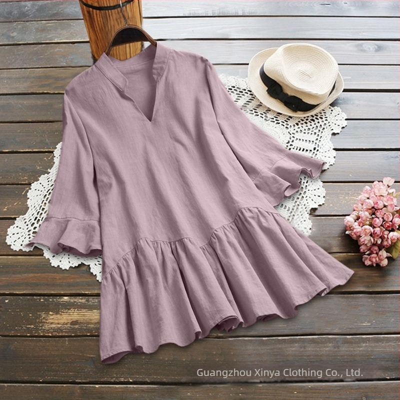 Cămașă cu mâneci în formă de corn, decolteu în V, bumbac-lin, culoare solidă, croială lejeră, mâneci scurte, lungime medie