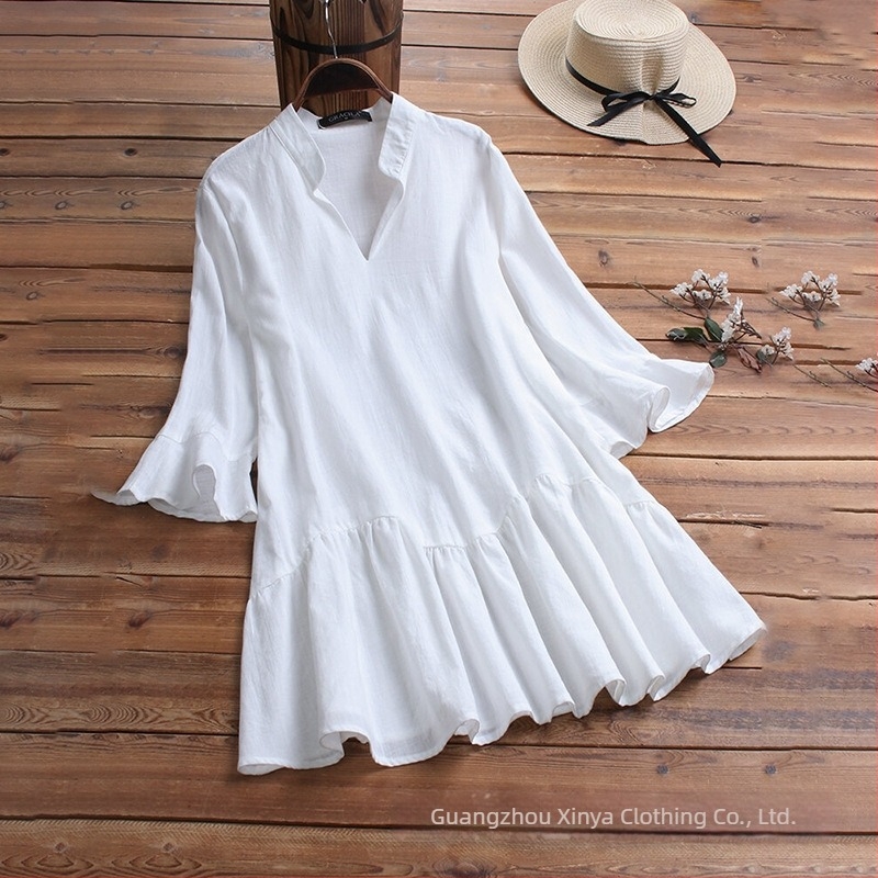 Cămașă cu mâneci în formă de corn, decolteu în V, bumbac-lin, culoare solidă, croială lejeră, mâneci scurte, lungime medie