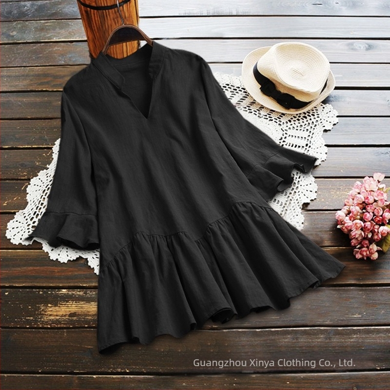 Cămașă cu mâneci în formă de corn, decolteu în V, bumbac-lin, culoare solidă, croială lejeră, mâneci scurte, lungime medie