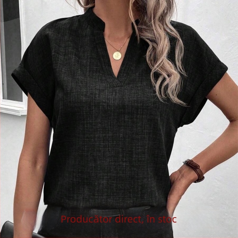 Cămașă cu decolteu în V, mâneci scurte, croială slim, poliester/spandex, lungime 50–65 cm, stil elegant pentru birou