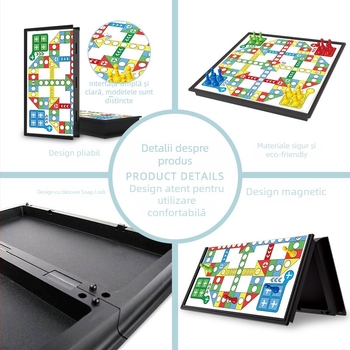 Tablă pliabilă de Ludo cu magneți – joc de masă portabil pentru copii, educațional pentru familie (material PS ecologic, magnetic, pentru acasă și școală)