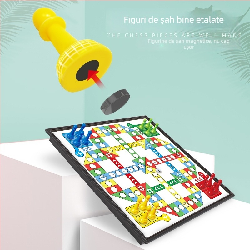 Tablă pliabilă de Ludo cu magneți – joc de masă portabil pentru copii, educațional pentru familie (material PS ecologic, magnetic, pentru acasă și școală)