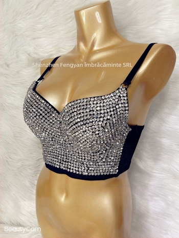 Bustier fără bretele cu cristale, clubwear sexy, amestec poliester-elastan