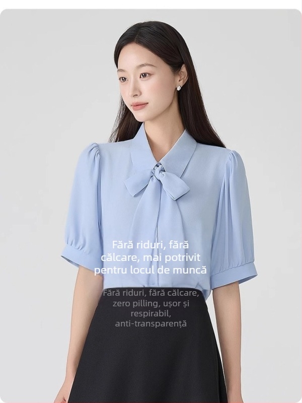 Cămașă office din chiffon, 100% poliester, elastan <10%, mâneci scurte, guler cămășă (Chiffon; 100% Polyester; Elastan <10%)