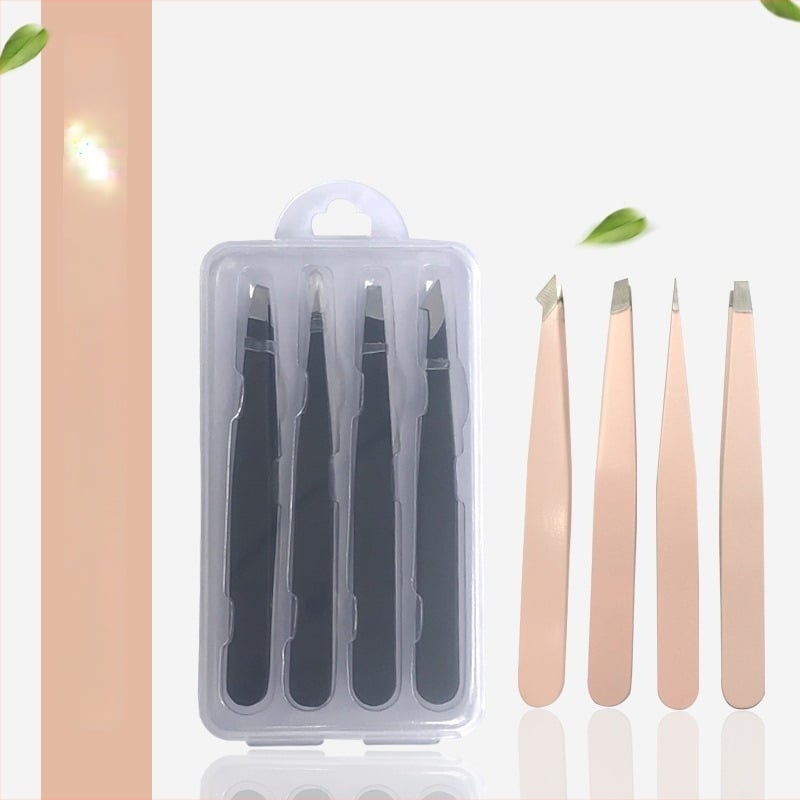 Set pentru conturarea sprâncenelor din oțel inoxidabil, în cutie din plastic, patru piese, include pensete