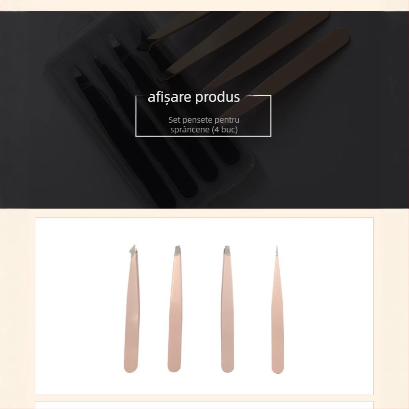 Set pentru conturarea sprâncenelor din oțel inoxidabil, în cutie din plastic, patru piese, include pensete