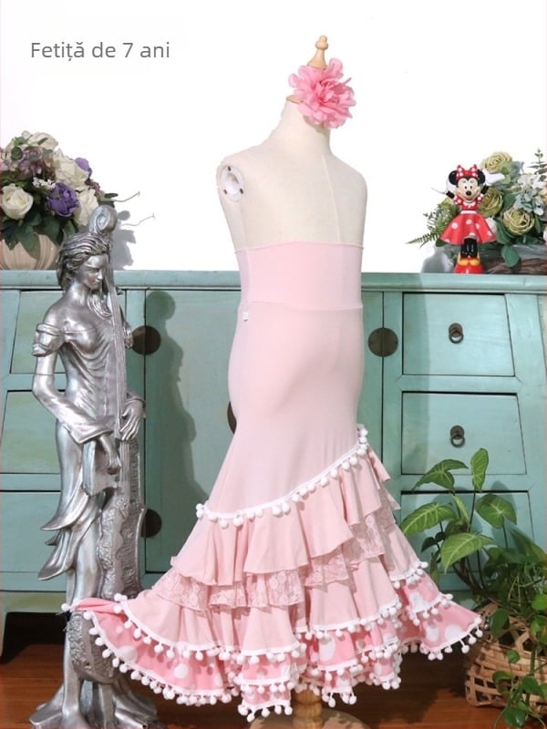 Fustă de dans flamenco pentru copii, din poliester cu elastan, 90–95% poliester, iarna 2025, stil literar retro