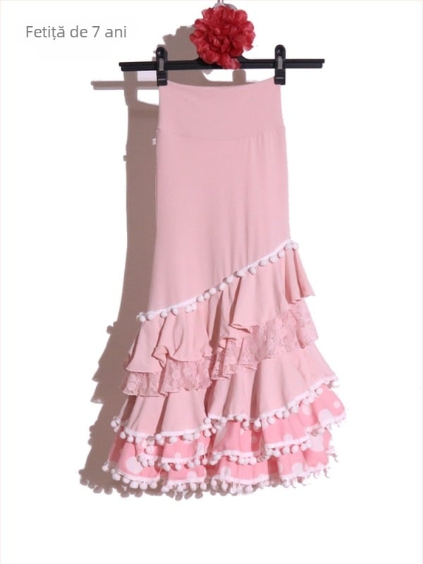 Fustă de dans flamenco pentru copii, din poliester cu elastan, 90–95% poliester, iarna 2025, stil literar retro