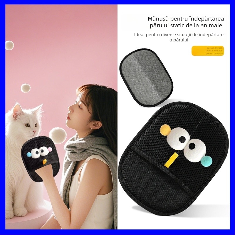 Mănuși pentru îndepărtarea părului de la animale, cu acțiune electrostatică, perie bidirecțională, material plasă + perie, pentru canapele și haine