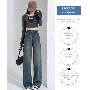 Blugi de damă din denim, stil vintage wide-leg, talie înaltă, lungime până la podea, bumbac 50–70%, spandex <30%