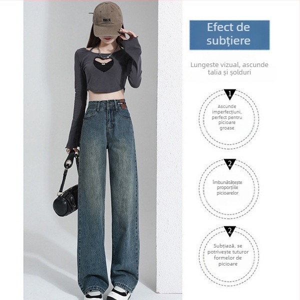 Blugi de damă din denim, stil vintage wide-leg, talie înaltă, lungime până la podea, bumbac 50–70%, spandex <30%