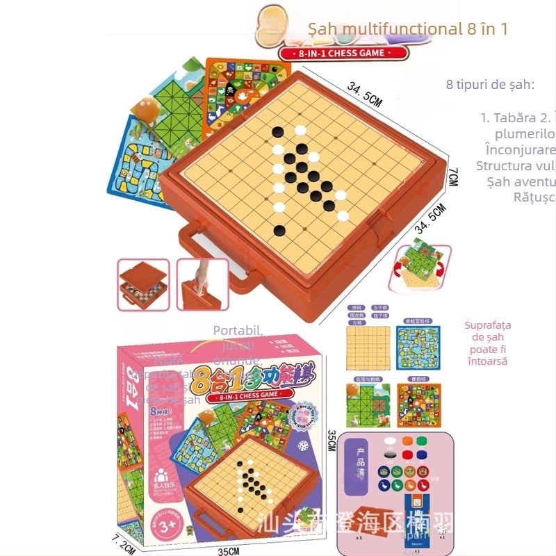 Set de jocuri de masă multifuncțional cu piese cu două fețe pentru Flying Chess și Adventure Chess; include Backgammon, șah, șah militar, dame, Beast Chess și șah pentru copii; piese din plastic; potrivit pentru vârstele 4–6, 7–14 și 15–35.