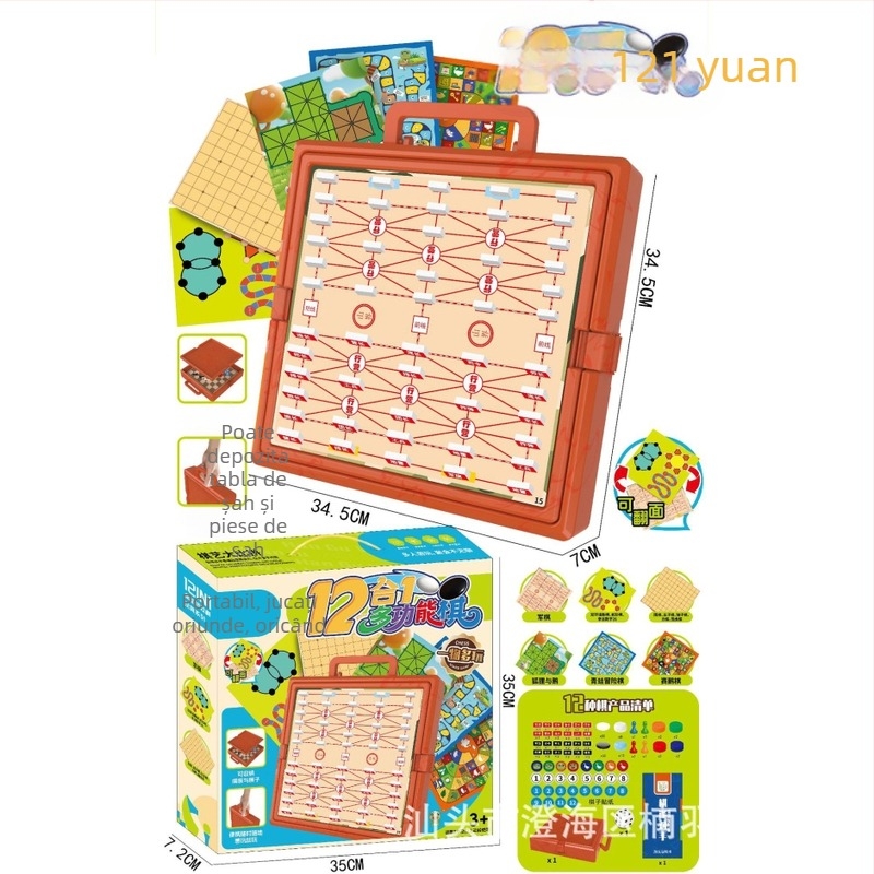 Set de jocuri de masă multifuncțional cu piese cu două fețe pentru Flying Chess și Adventure Chess; include Backgammon, șah, șah militar, dame, Beast Chess și șah pentru copii; piese din plastic; potrivit pentru vârstele 4–6, 7–14 și 15–35.