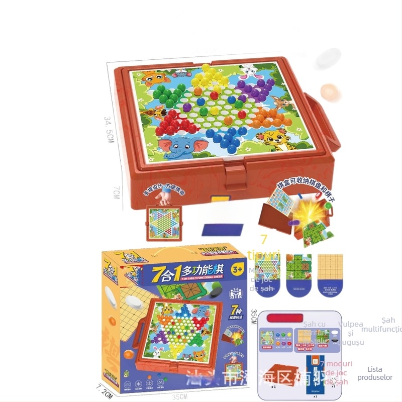 Set de jocuri de masă multifuncțional cu piese cu două fețe pentru Flying Chess și Adventure Chess; include Backgammon, șah, șah militar, dame, Beast Chess și șah pentru copii; piese din plastic; potrivit pentru vârstele 4–6, 7–14 și 15–35.