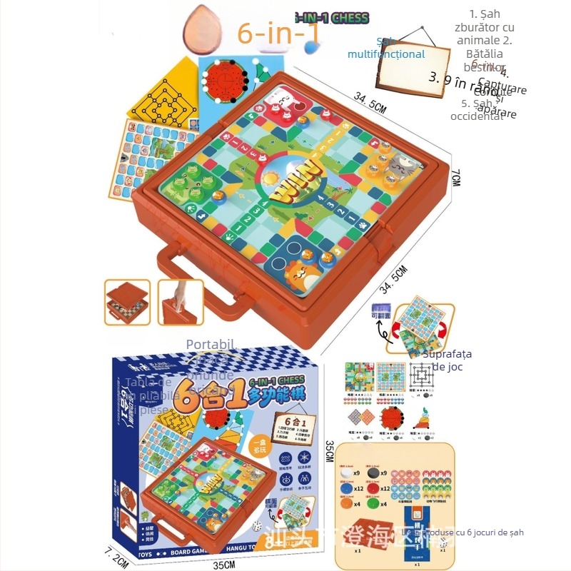 Set de jocuri de masă multifuncțional cu piese cu două fețe pentru Flying Chess și Adventure Chess; include Backgammon, șah, șah militar, dame, Beast Chess și șah pentru copii; piese din plastic; potrivit pentru vârstele 4–6, 7–14 și 15–35.