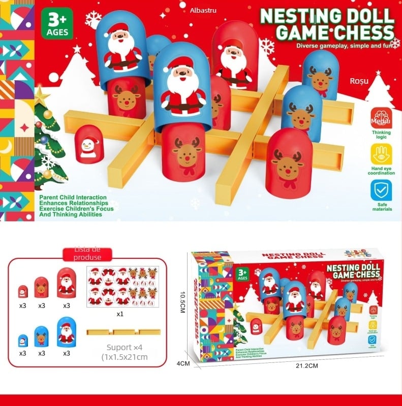 Joc de societate interactiv pentru copii cu tic-tac-toe și păpuși matrioșka, din plastic, marca Gannady, pentru vârsta 4–6 ani, dezvoltă coordonarea mână-ochi.