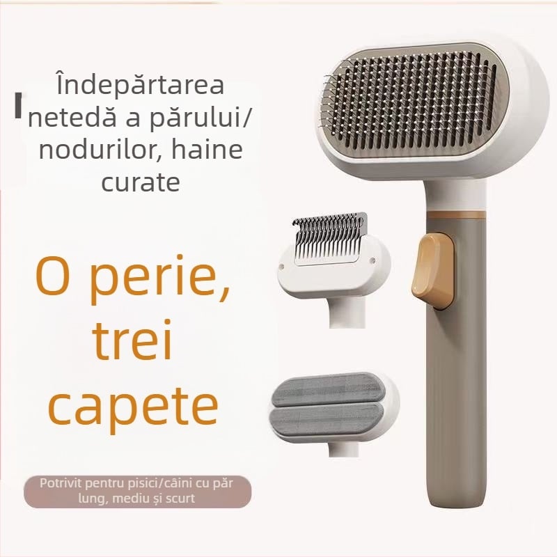 Unealtă de îngrijire a pisicilor – Pieptene 3 în 1 pentru dezlegarea nodurilor, îndepărtarea părului lipicios și a părului liber – ABS + oțel inoxidabil