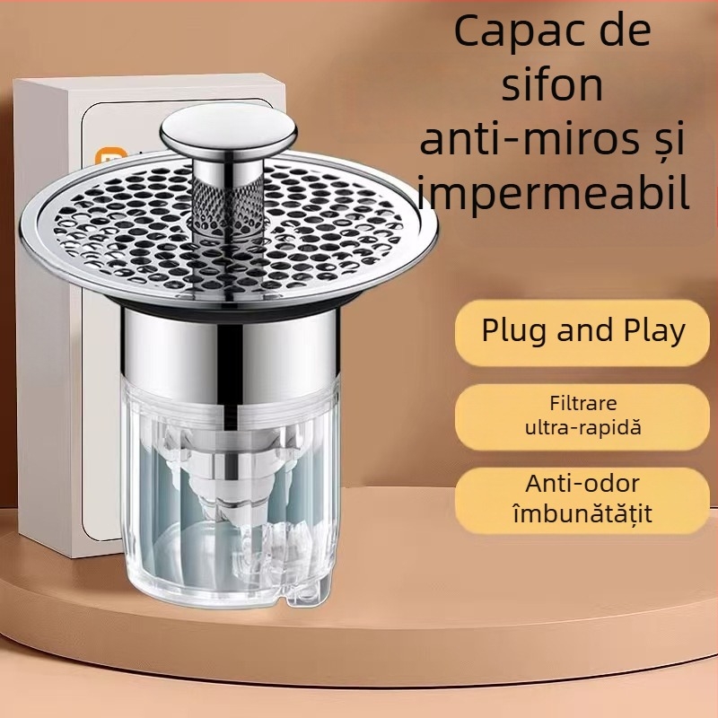 Filtru de scurgere pentru chiuvetă cu nucleu anti-miros, oțel inoxidabil, acționare prin apăsare, stil minimalist modern