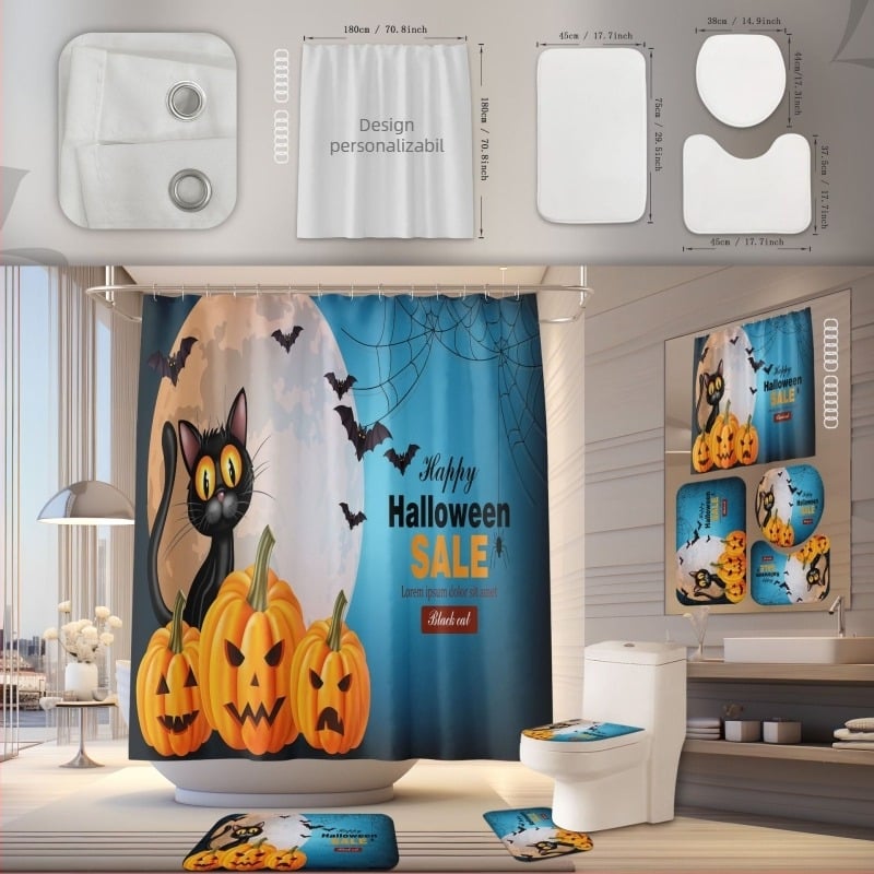 Set de perdea de duș și covoraș pentru baie, poliester, impermeabil, rezistent la mucegai, instalare fără găuri, model Halloween
