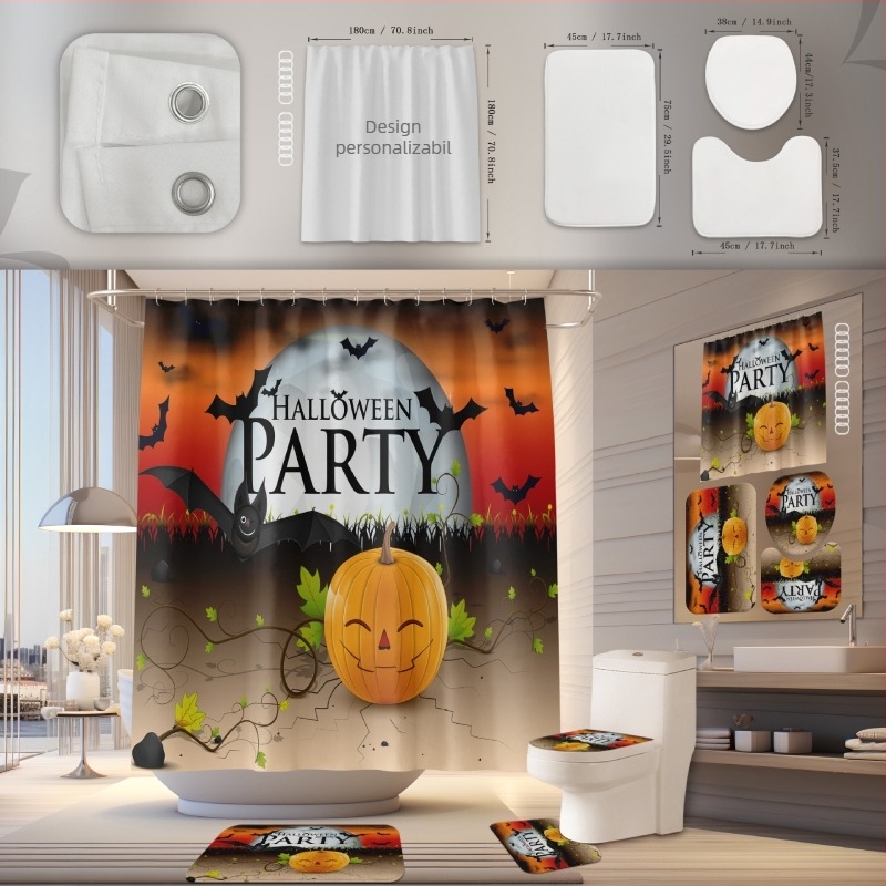 Set de perdea de duș și covoraș pentru baie, poliester, impermeabil, rezistent la mucegai, instalare fără găuri, model Halloween