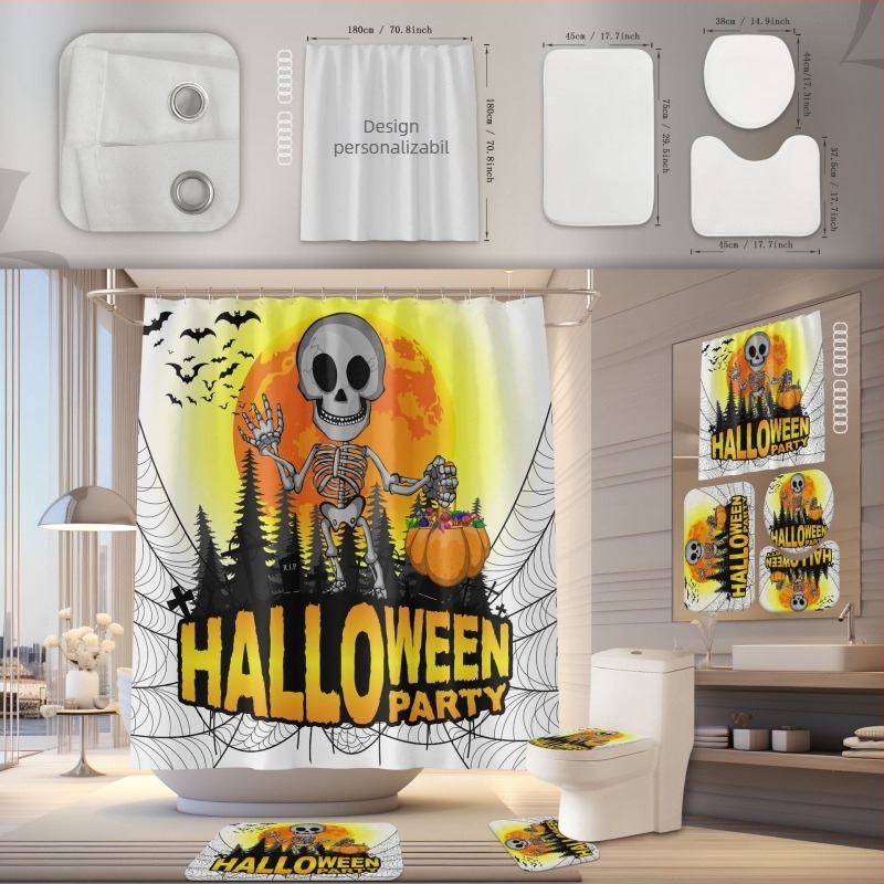 Set de perdea de duș și covoraș pentru baie, poliester, impermeabil, rezistent la mucegai, instalare fără găuri, model Halloween