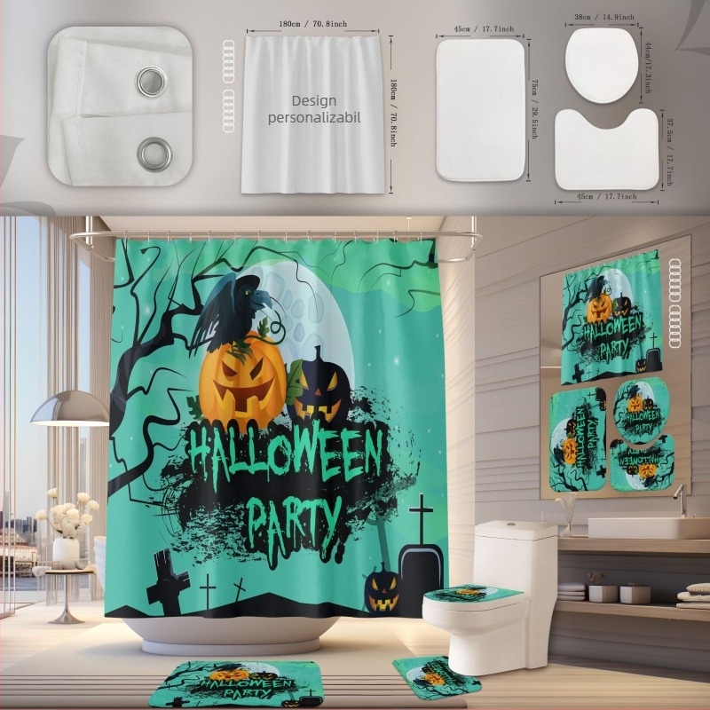 Set de perdea de duș și covoraș pentru baie, poliester, impermeabil, rezistent la mucegai, instalare fără găuri, model Halloween