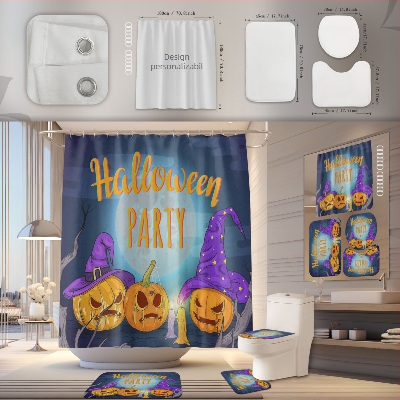 Set de perdea de duș și covoraș pentru baie, poliester, impermeabil, rezistent la mucegai, instalare fără găuri, model Halloween