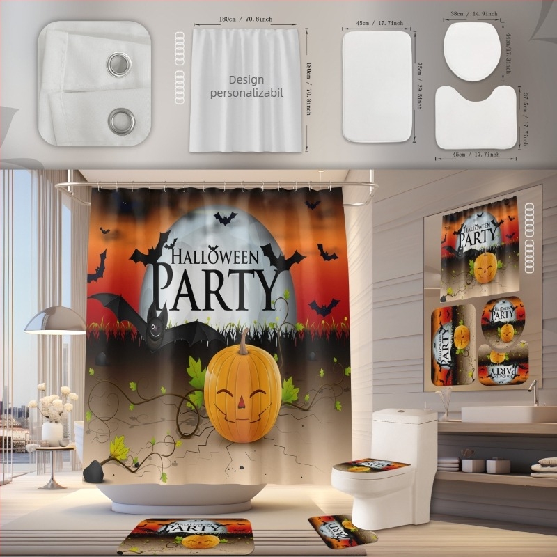 Set de perdea de duș și covoraș pentru baie, poliester, impermeabil, rezistent la mucegai, instalare fără găuri, model Halloween