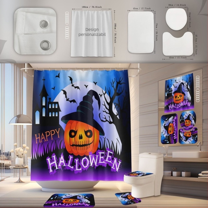 Set de perdea de duș și covoraș pentru baie, poliester, impermeabil, rezistent la mucegai, instalare fără găuri, model Halloween