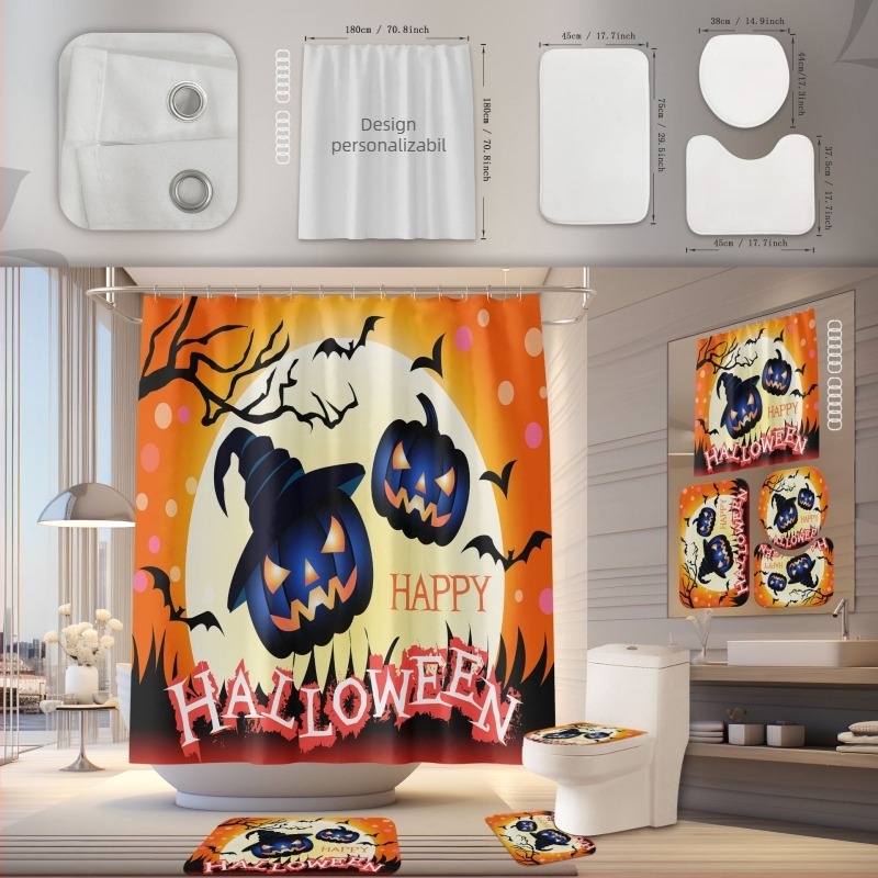 Set de perdea de duș și covoraș pentru baie, poliester, impermeabil, rezistent la mucegai, instalare fără găuri, model Halloween