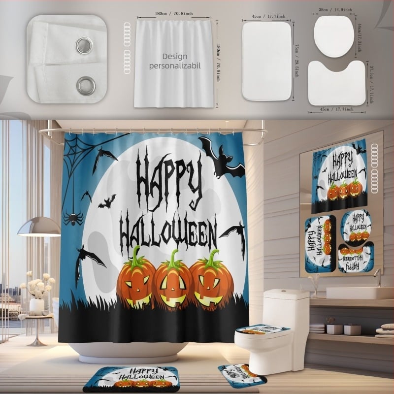 Set de perdea de duș și covoraș pentru baie, poliester, impermeabil, rezistent la mucegai, instalare fără găuri, model Halloween