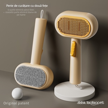 Pieptene pentru pisici cu două fețe și auto-curățare — dinți din oțel inoxidabil, țesătură de poliester, elimină părul liber