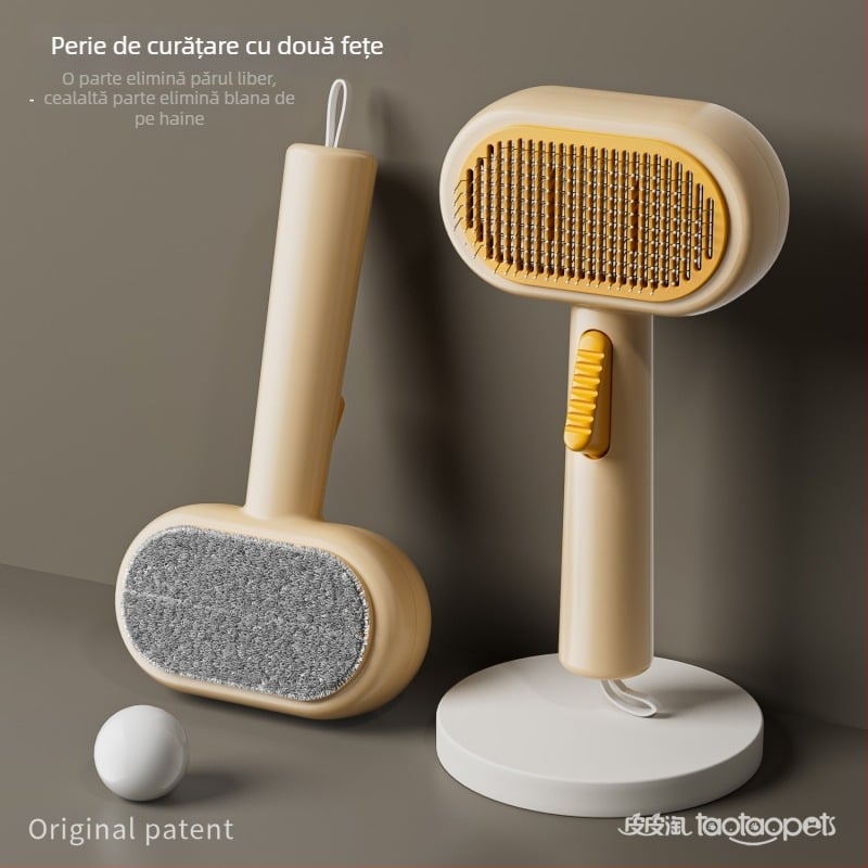Pieptene pentru pisici cu două fețe și auto-curățare — dinți din oțel inoxidabil, țesătură de poliester, elimină părul liber