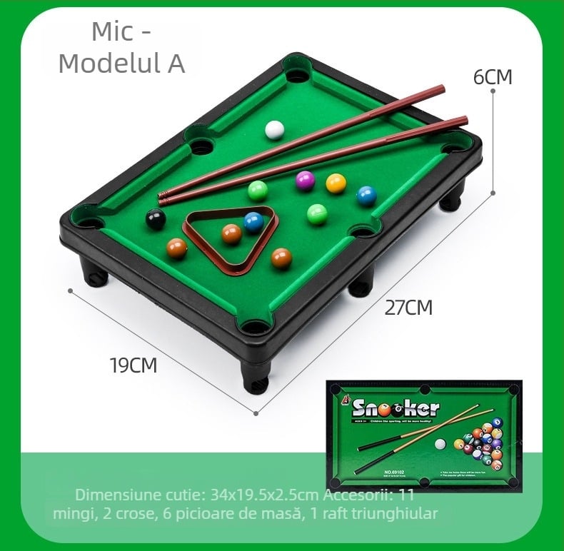 Mini masă de biliard – Jucărie portabilă de interior, construcție din plastic, ambalare în cutie colorată, potrivită pentru vârstele 4–6, 7–14 și 15–35