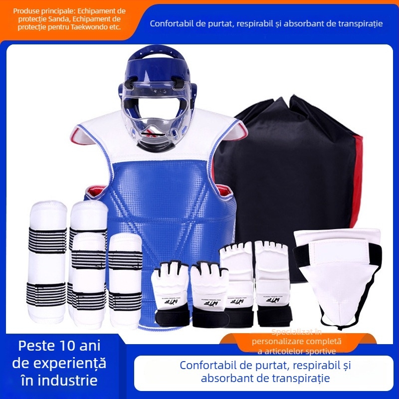 Echipament de protecție Taekwondo – Set complet pentru antrenament practic, Model Maya: protecție cap, palmă, umăr, cot, genunchi și talie, cu burete de umplutură